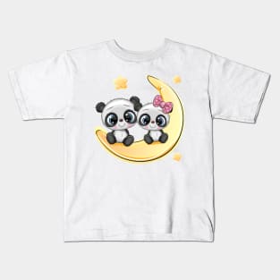 Two cute pandas is sitting on the moon. Kids T-Shirt
